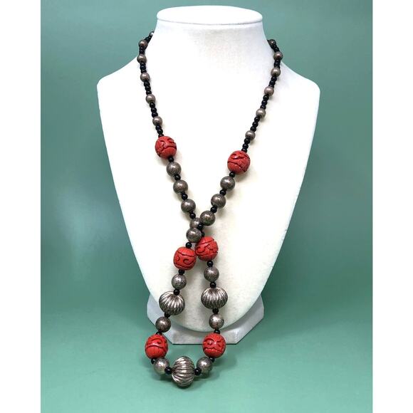 Asian Sterling Silver Hand Carved Cinnabar Onyx Beaded Necklace Vintage - Picture 7 of 7